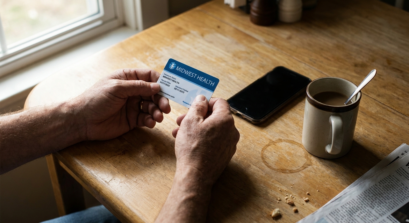 Hands holding UnitedHealthcare insurance card at kitchen table with phone nearby, preparing to call about rehab coverage