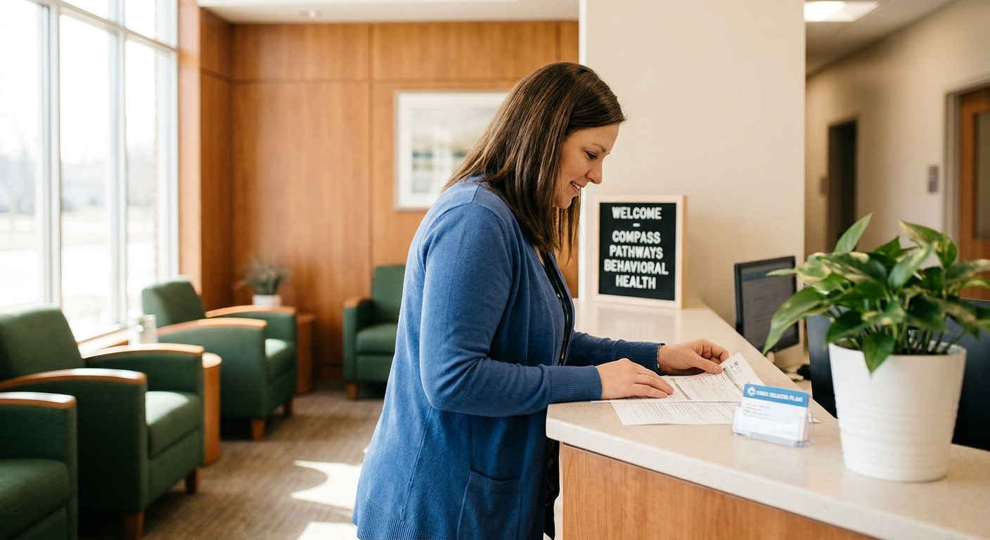 Healthcare intake desk at Midwest Center at Youngstown in Austintown, OH, showing insurance verification process for Cigna coverage