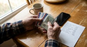 Veteran's hands holding Tricare insurance cards and military ID with medication list on table, preparing to call about rehab coverage