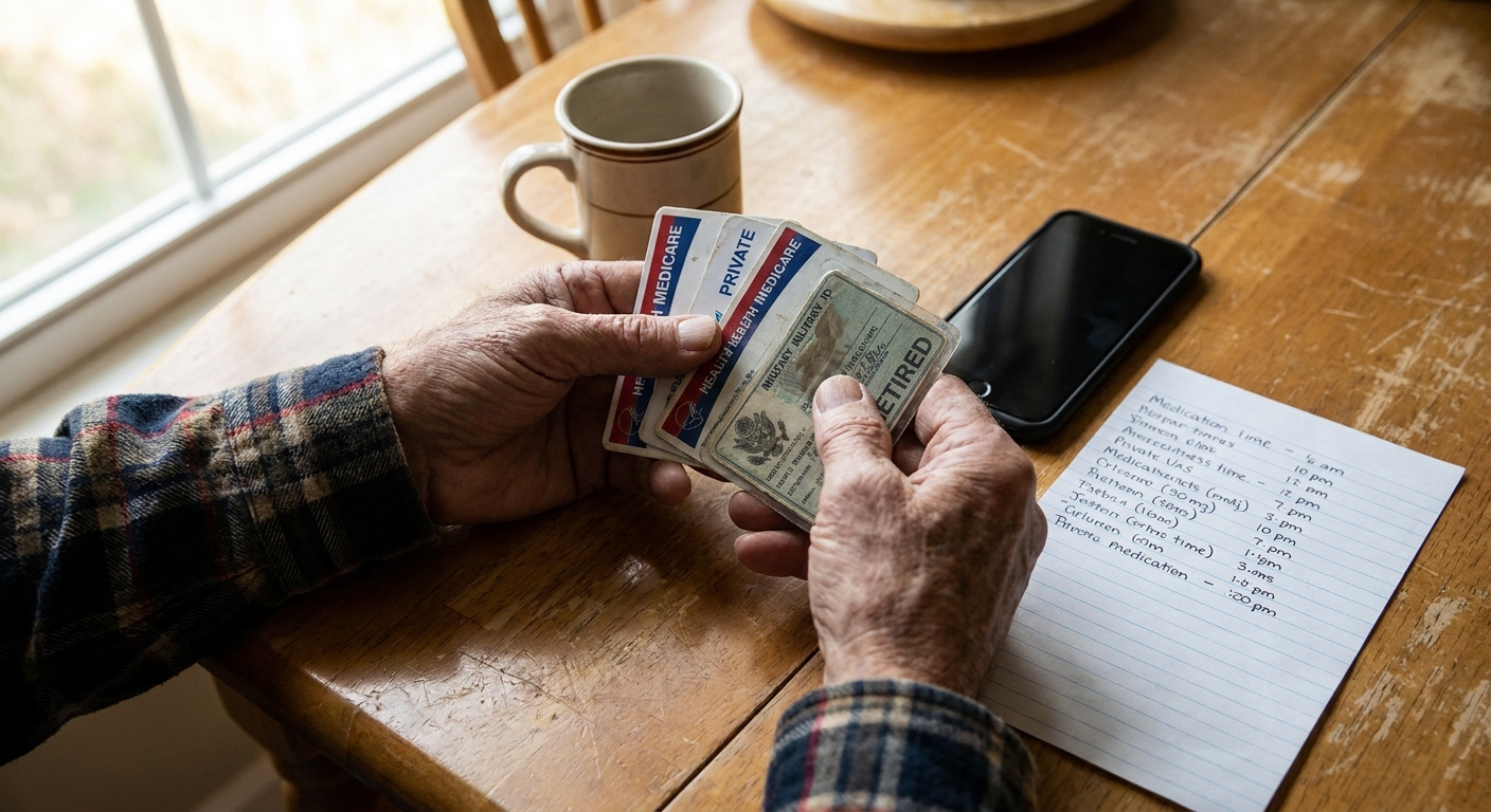 Veteran's hands holding Tricare insurance cards and military ID with medication list on table, preparing to call about rehab coverage