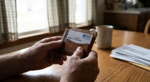 Hands holding open insurance card wallet on kitchen table in natural light, representing the moment a family member prepares to call about addiction treatment coverage