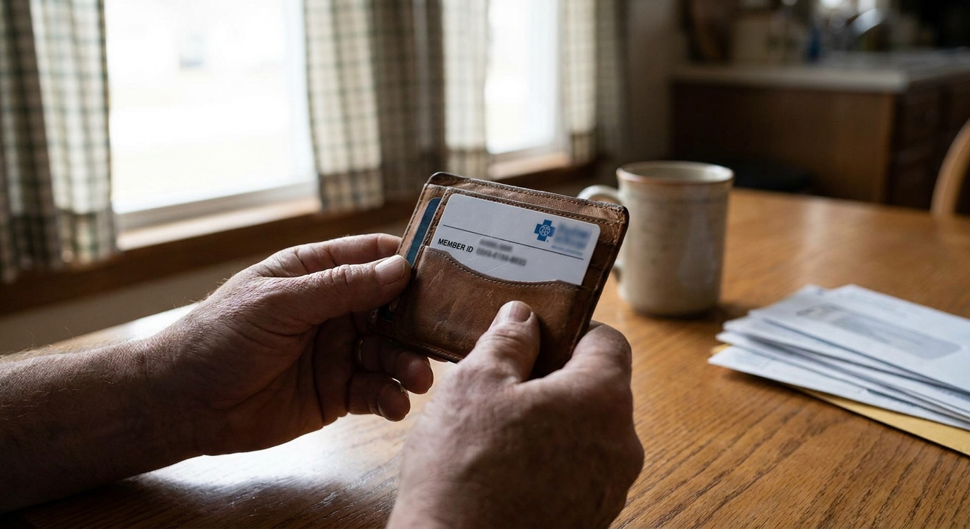 Hands holding open insurance card wallet on kitchen table in natural light, representing the moment a family member prepares to call about addiction treatment coverage