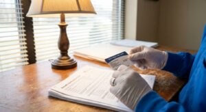 Healthcare professional reviewing Medicaid insurance card and benefit verification documents on desk in Youngstown treatment center office