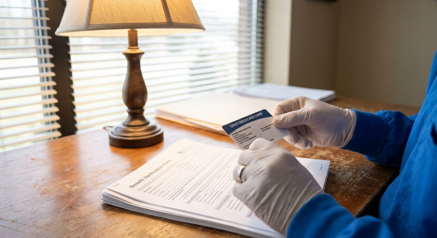 Healthcare professional reviewing Medicaid insurance card and benefit verification documents on desk in Youngstown treatment center office